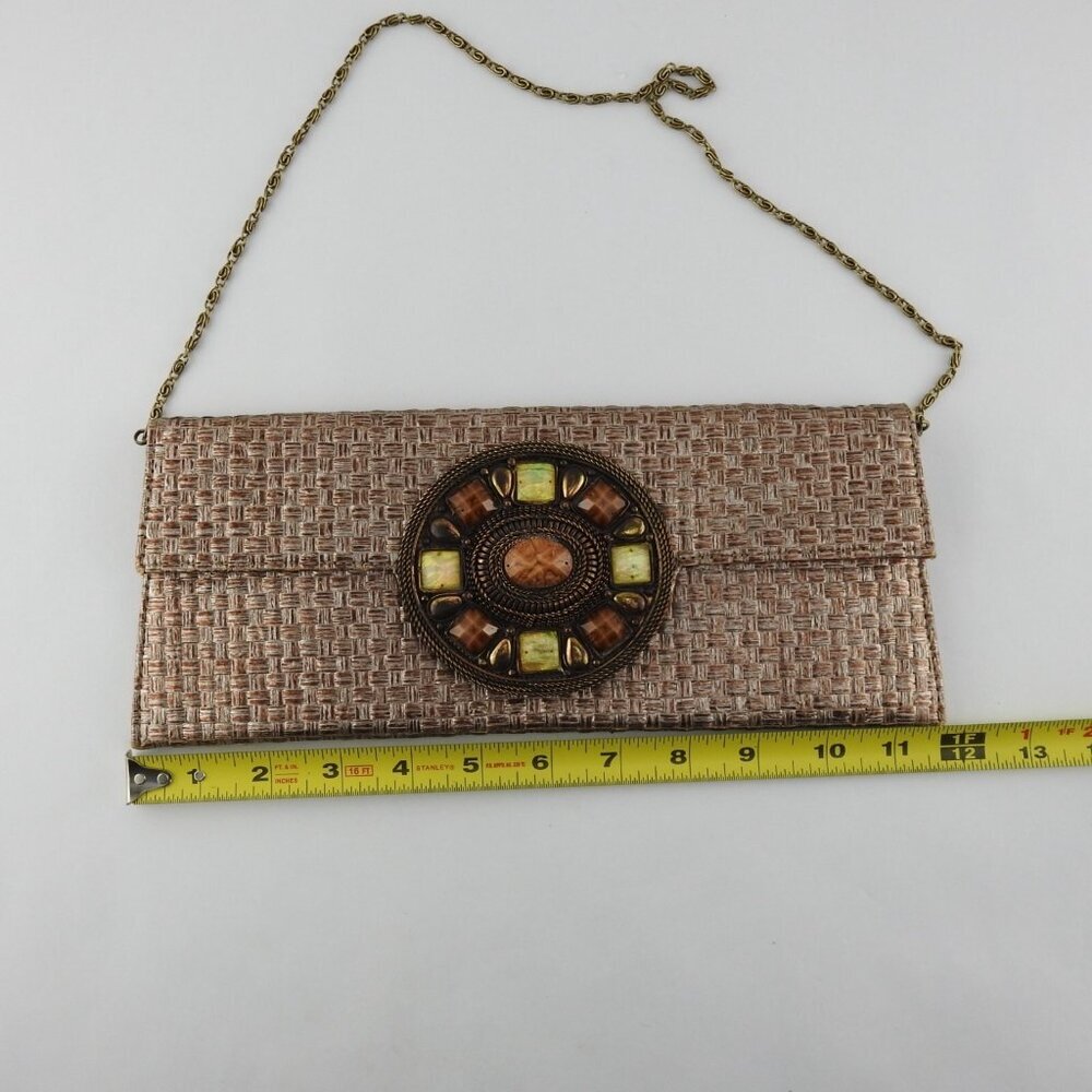Vintage Mochi Bronze Wozen Embellished Straw Clutch Purse Bag Medallion Boho - Picture 2 of 10